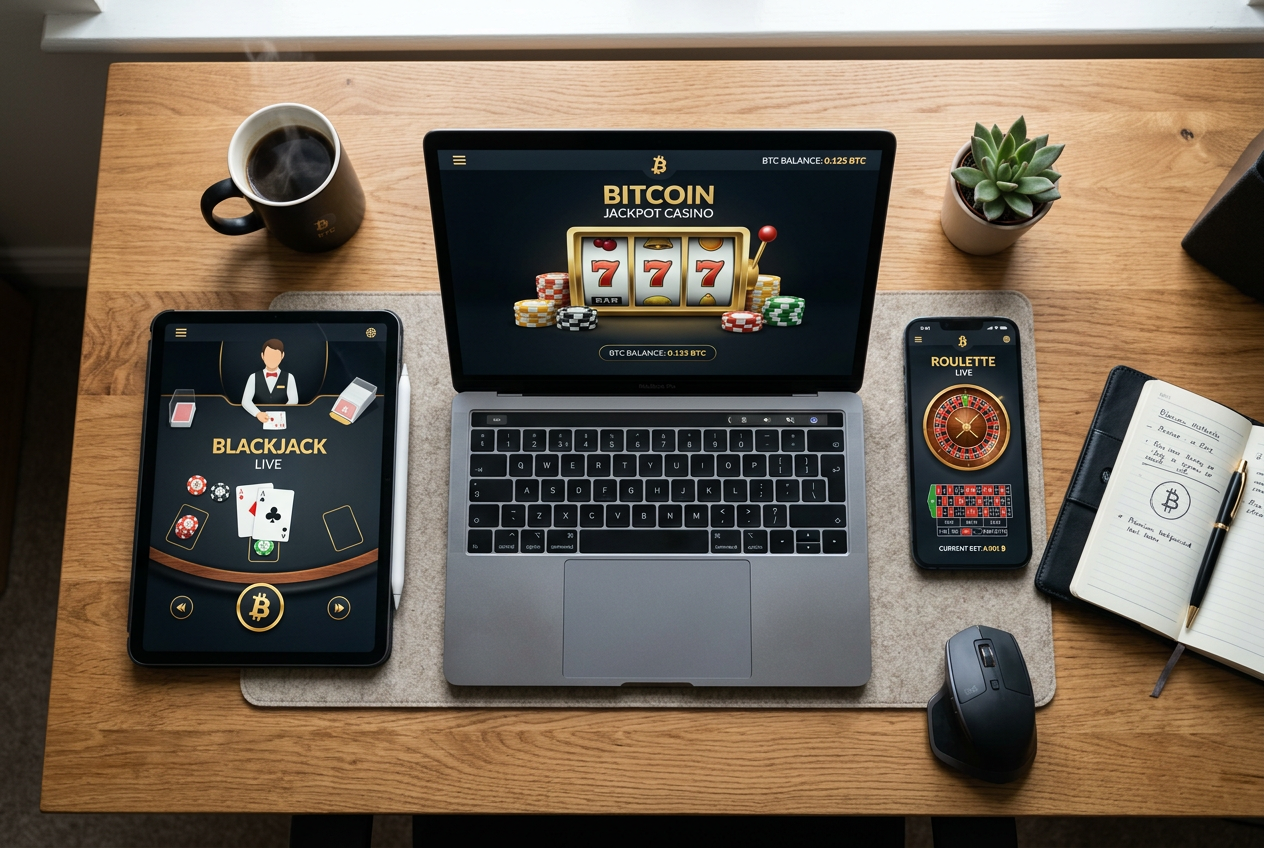 A modern laptop screen showing digital casino games and cryptocurrency transaction icons.