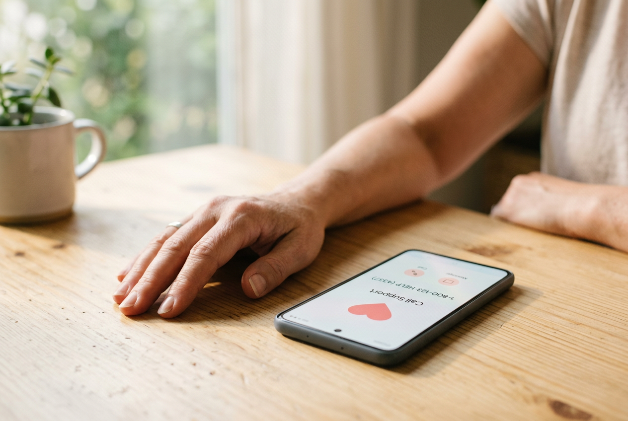 A smartphone on a table showing a mental health support application and a helpline number.