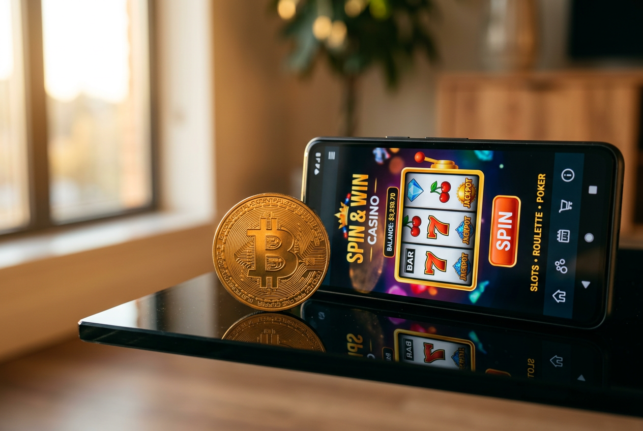 Χρυσό νόμισμα Bitcoin δίπλα σε κινητό με παιχνίδια καζίνο