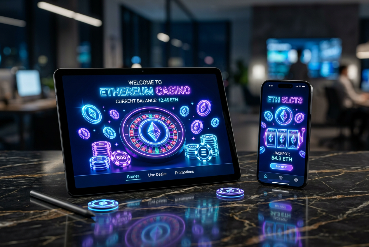 A modern digital interface showing Ethereum coins and casino game icons.